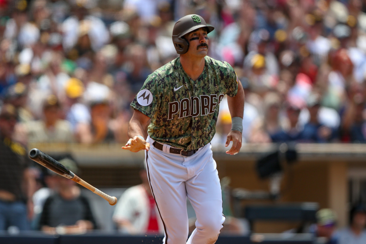 May 21, 2023; San Diego, California, USA; San Diego Padres designated hitter Matt Carpenter (14) watch the ball fly over the right field wall for a two run home in the third inning against the Boston Red Sox at Petco Park. Mandatory Credit: David Frerker-USA TODAY Sports  